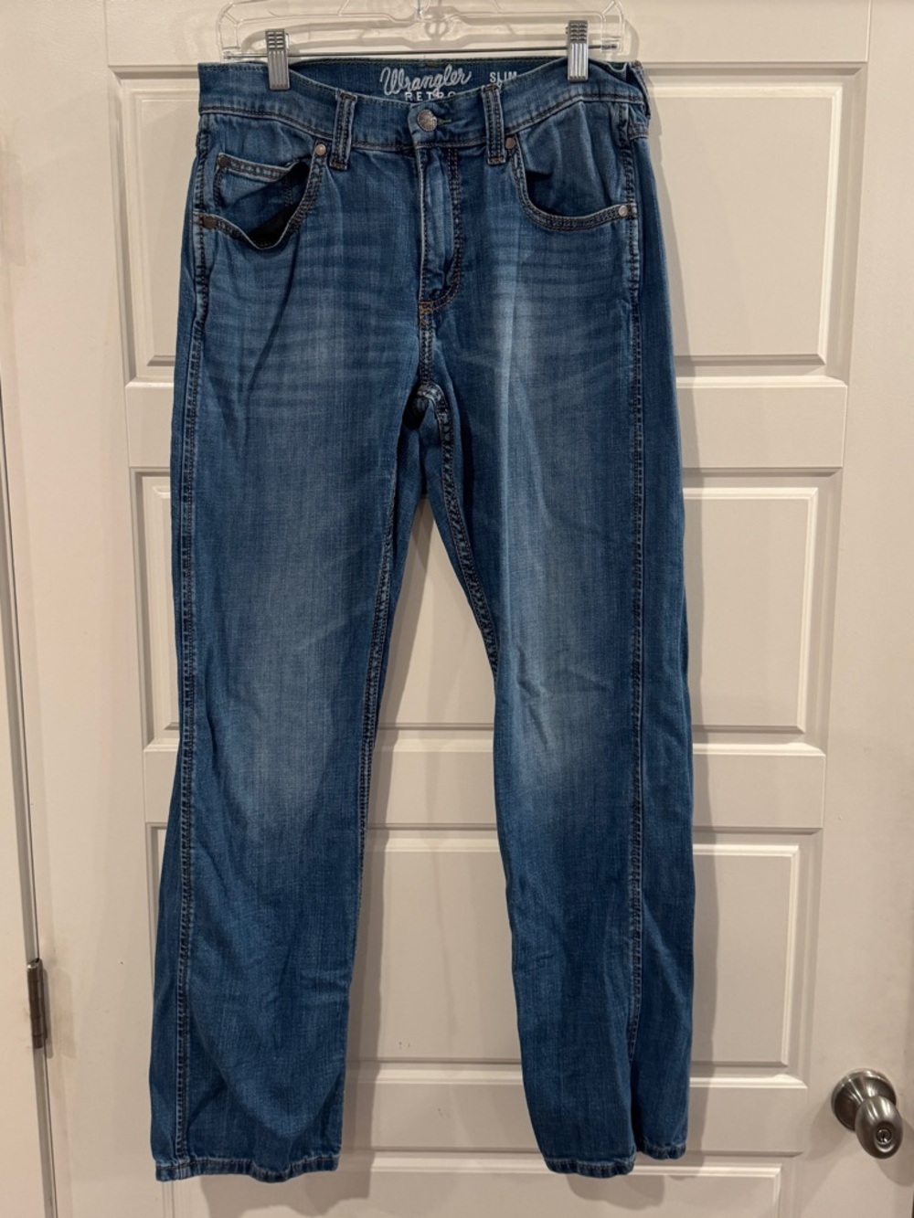 Wrangler Retro Men’s Slim Straight Jeans 30 x 34 Medium Wash Blue Denim Stretch